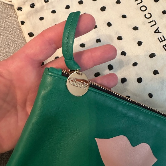 Clare V Emerald Green Wallet Clutch with Blush Lips, Monogrammed MV - Picture 8 of 9